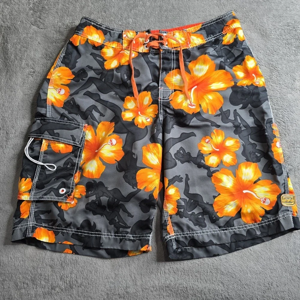 Billabong Floral Hibiscus Skull Pin Up Girl Boardshoarts Mens 33 (32) Orange